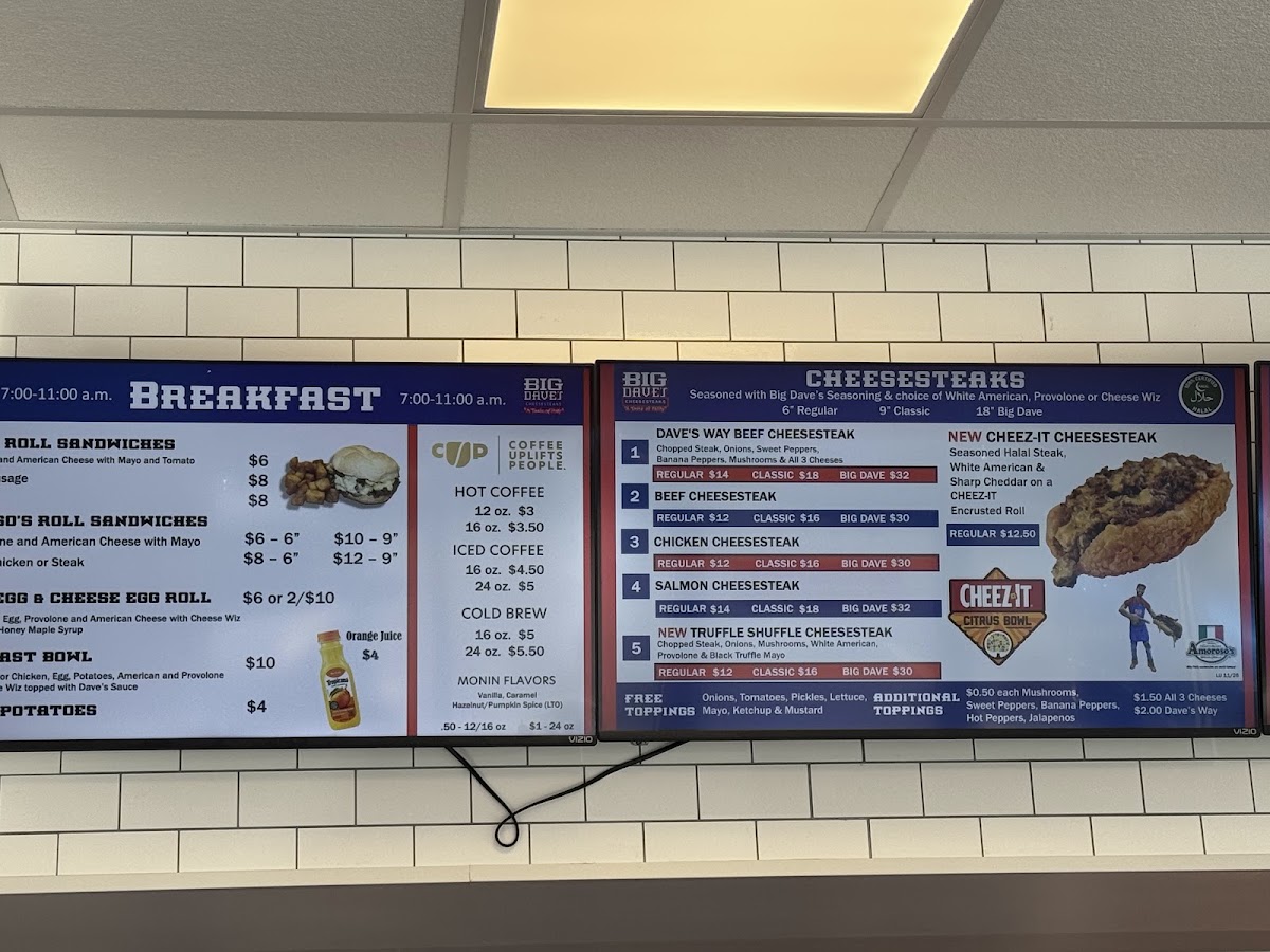 Big Dave's Cheesesteaks Oviedo-UCF menu board