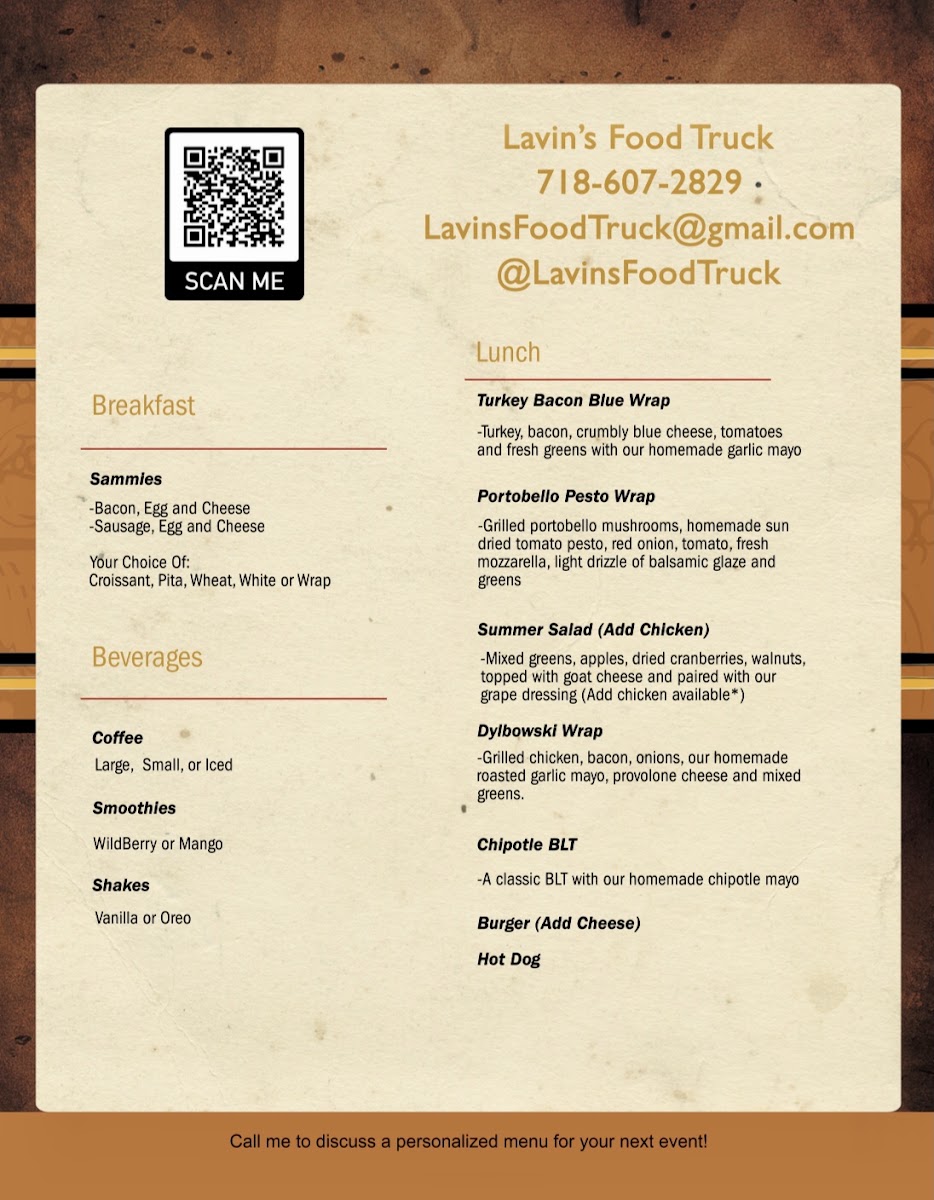 Lavin’s Food Truck menu board