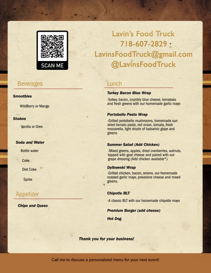 Lavin’s Food Truck menu board