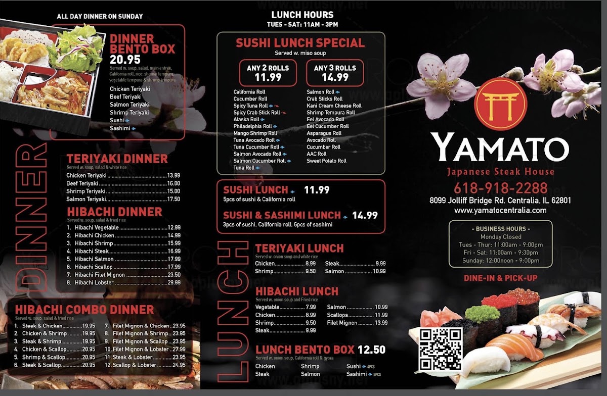 Yamato Japanese Steakhouse menu board