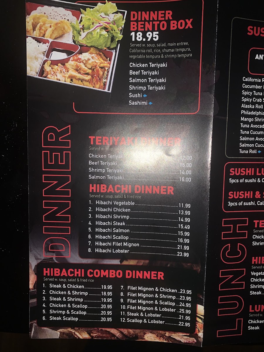 Yamato Japanese Steakhouse menu board