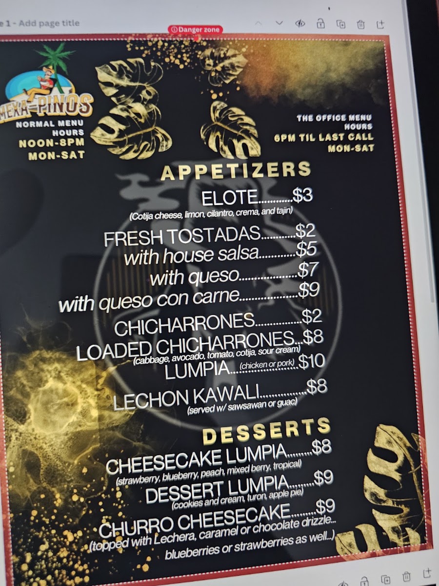 Mexa Pinos menu board