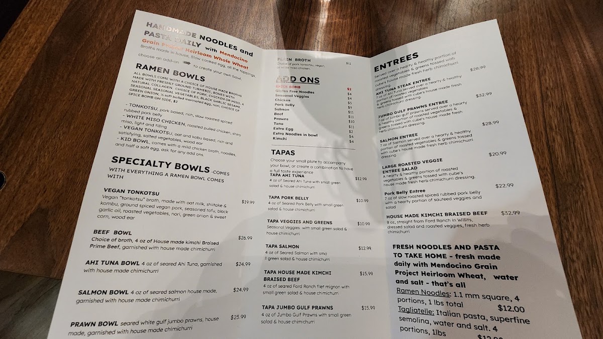 Ukiah Ramen Cubed Hand Made Noodles menu board