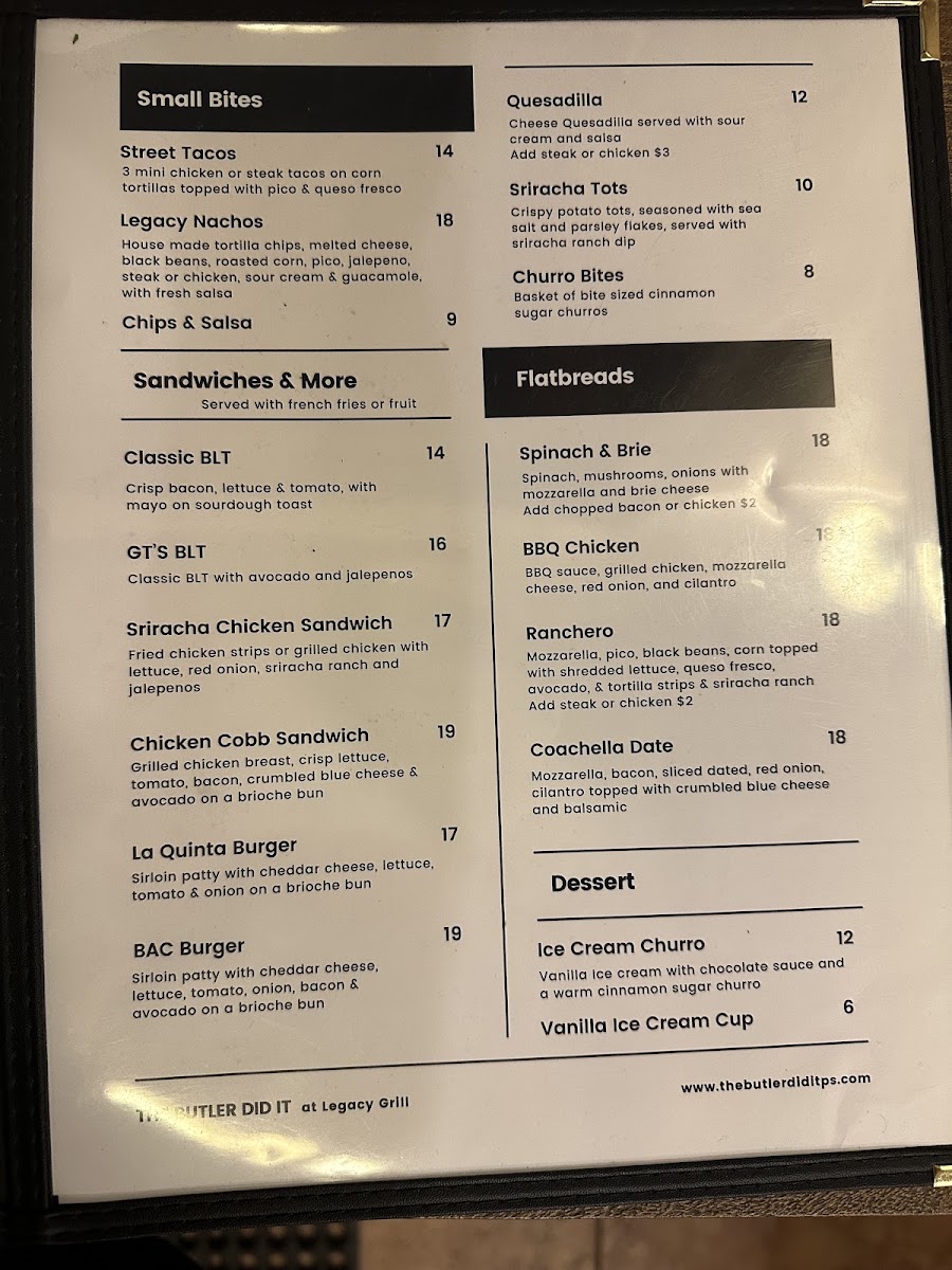 Legacy Grill menu board