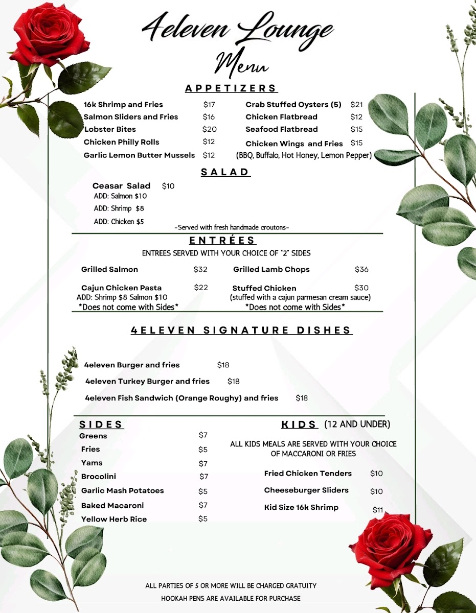 4eleven Lounge menu board