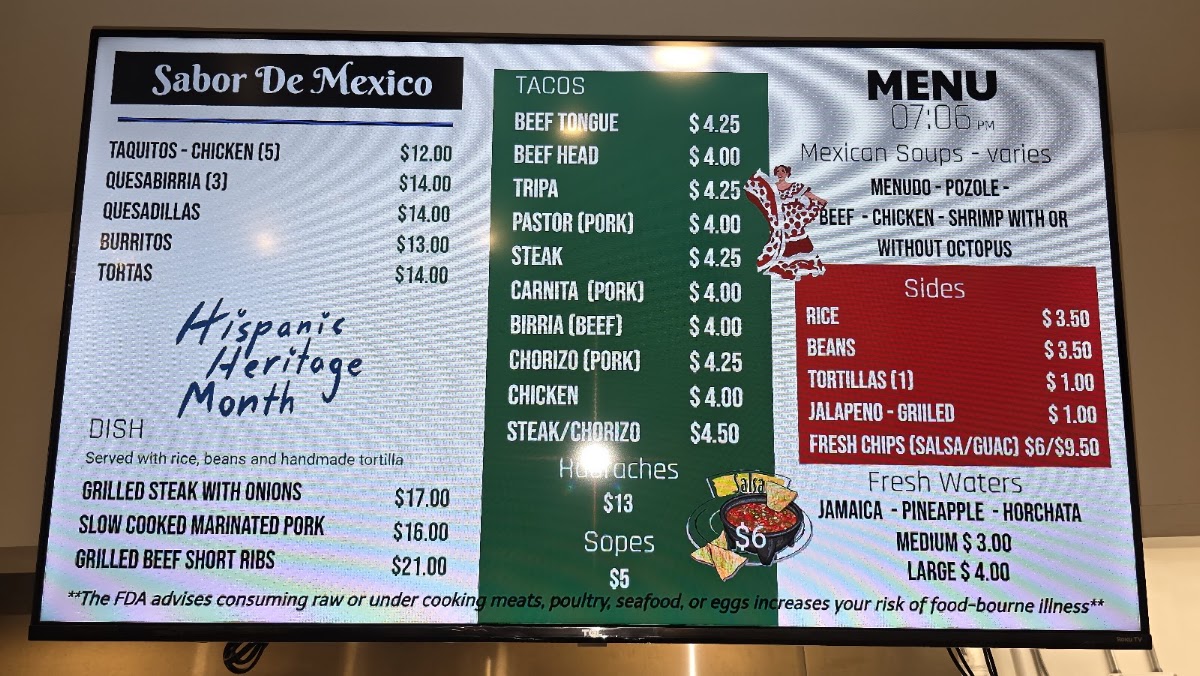 Sabor de Mexico menu board