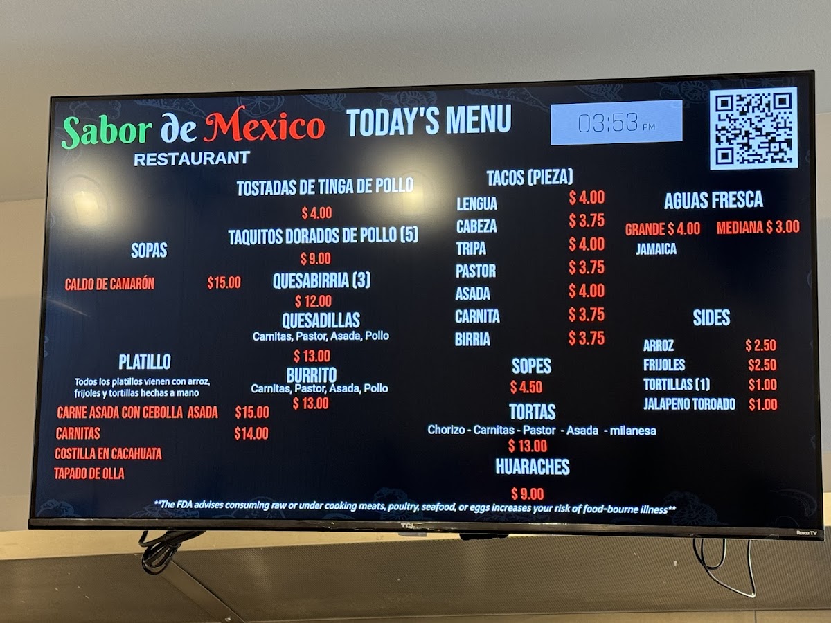 Sabor de Mexico menu board