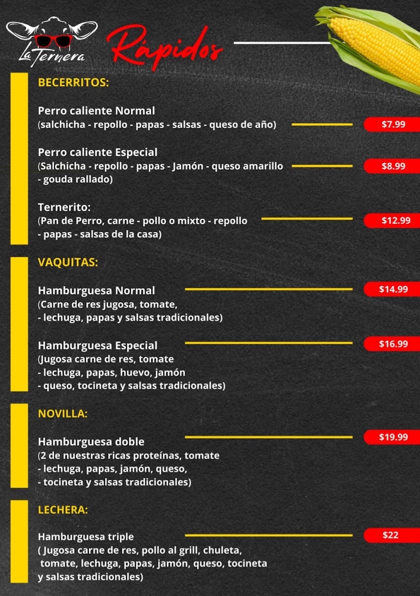 La Ternera Grill menu board
