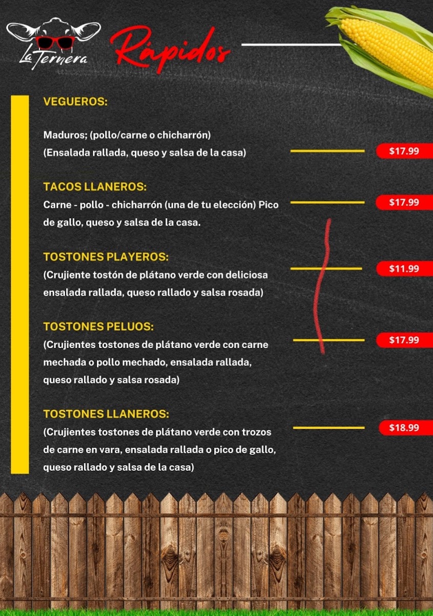 La Ternera Grill menu board