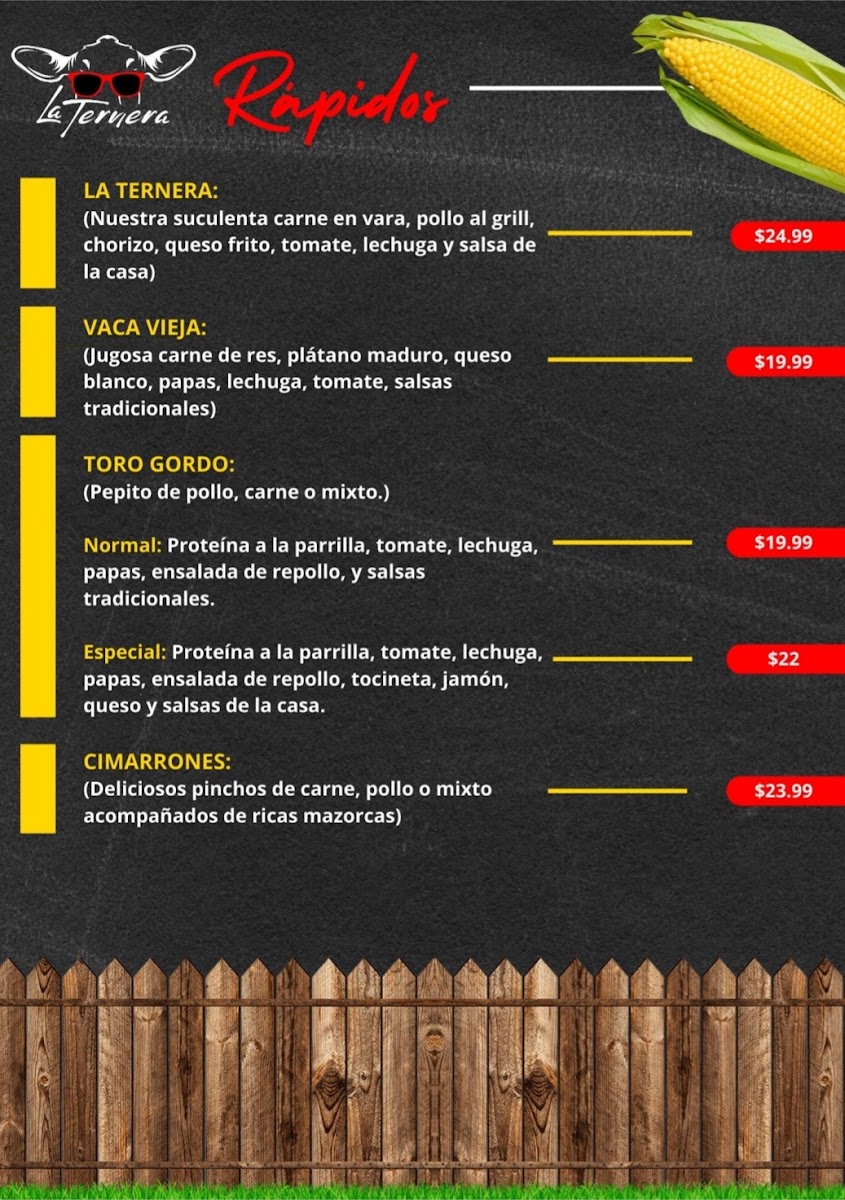 La Ternera Grill menu board