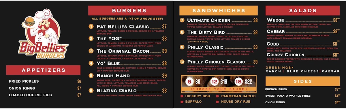 Big Bellies Burgers menu board
