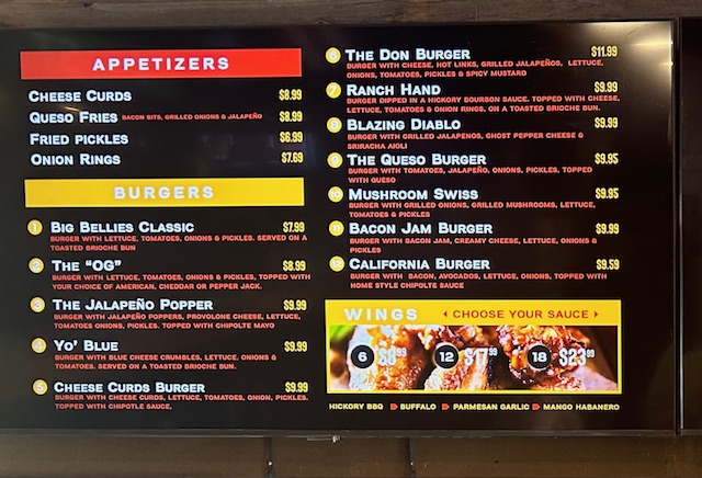 Big Bellies Burgers menu board