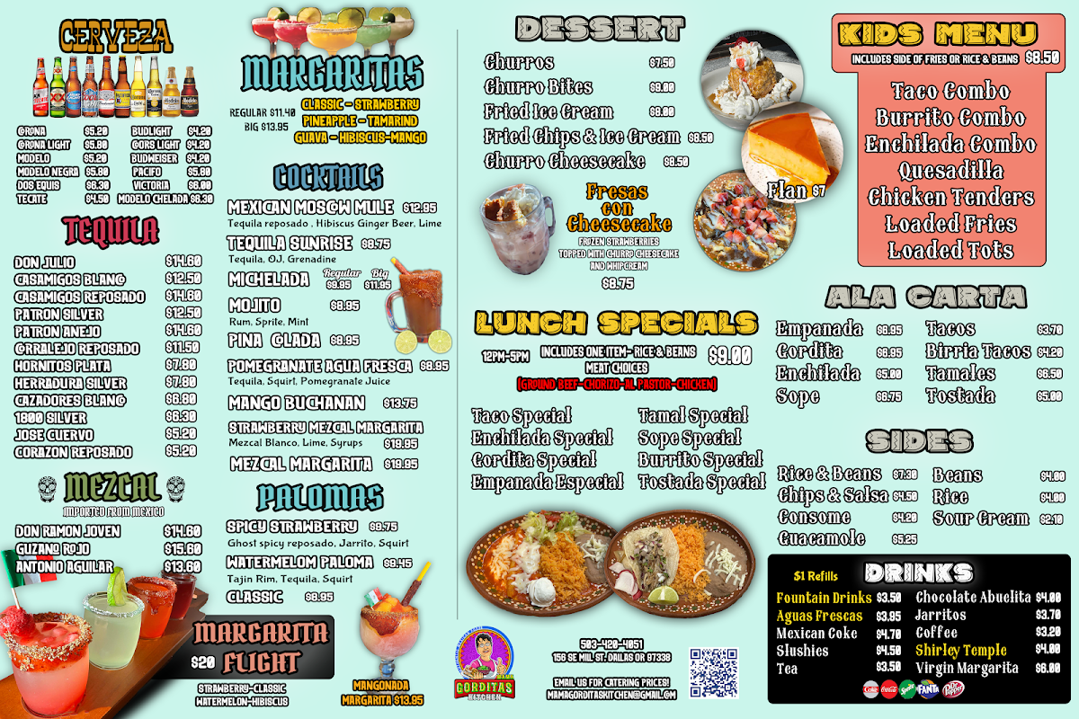 Mama Gorditas Kitchen Mexican Restaurant menu board