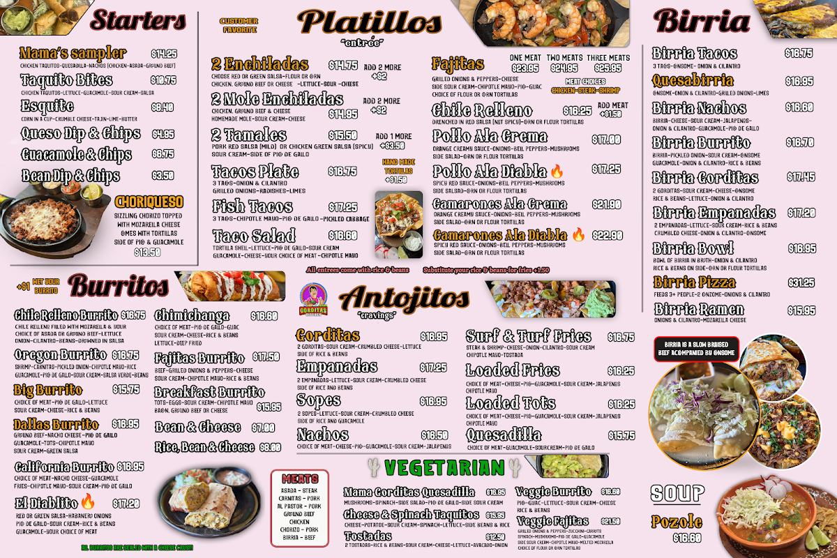 Mama Gorditas Kitchen Mexican Restaurant menu board