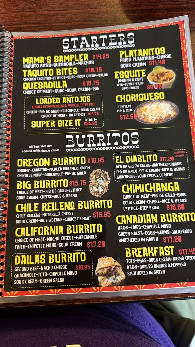 Mama Gorditas Kitchen Mexican Restaurant menu board