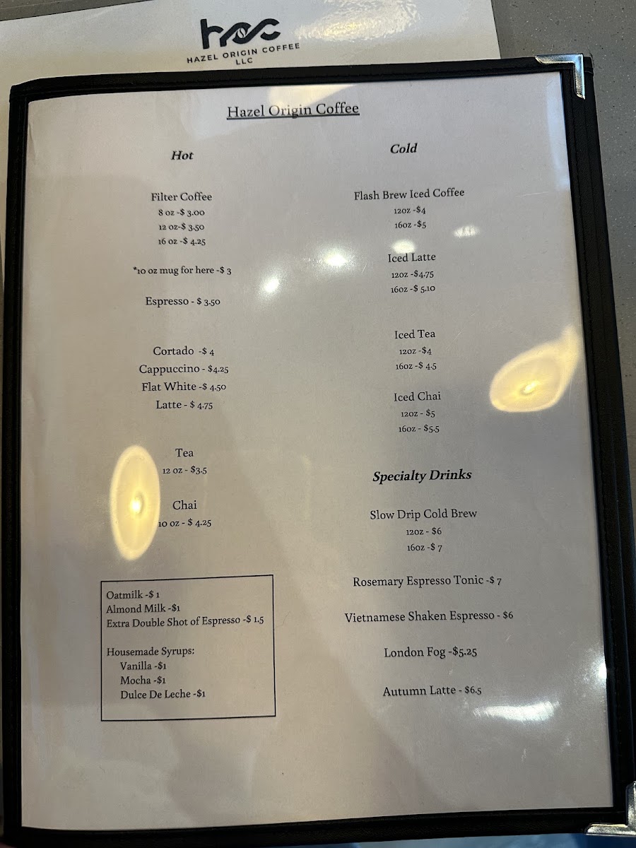 Hazel Origin Coffee LLC menu board