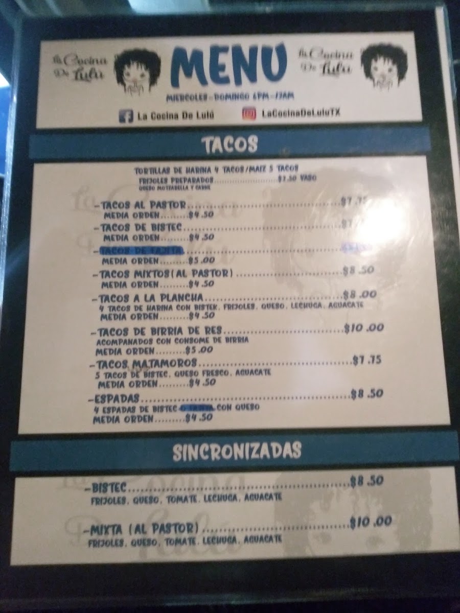 La Cocina De Lulú menu board