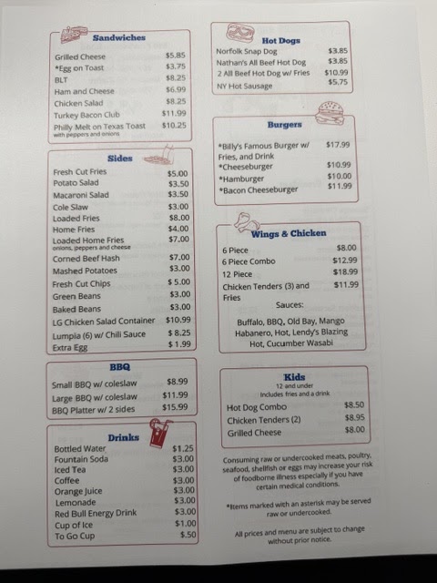 Billys Burgers and Dogs menu board