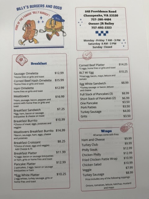 Billys Burgers and Dogs menu board