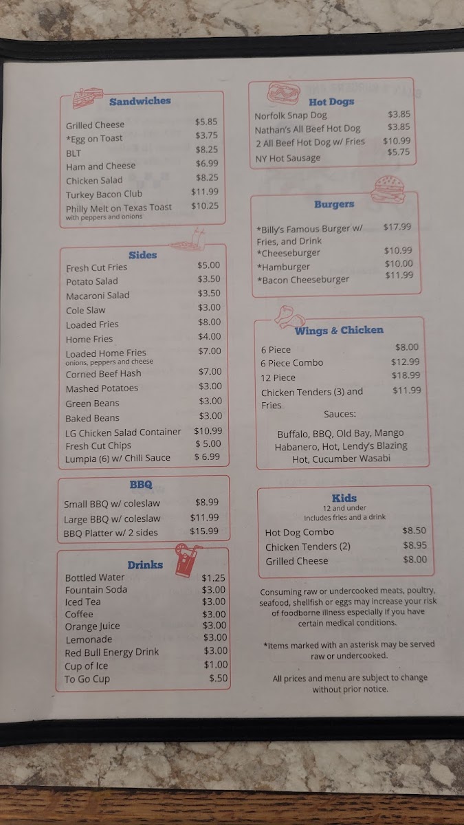 Billys Burgers and Dogs menu board