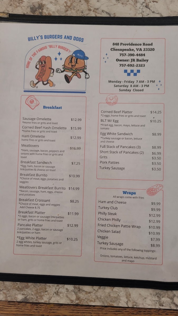 Billys Burgers and Dogs menu board