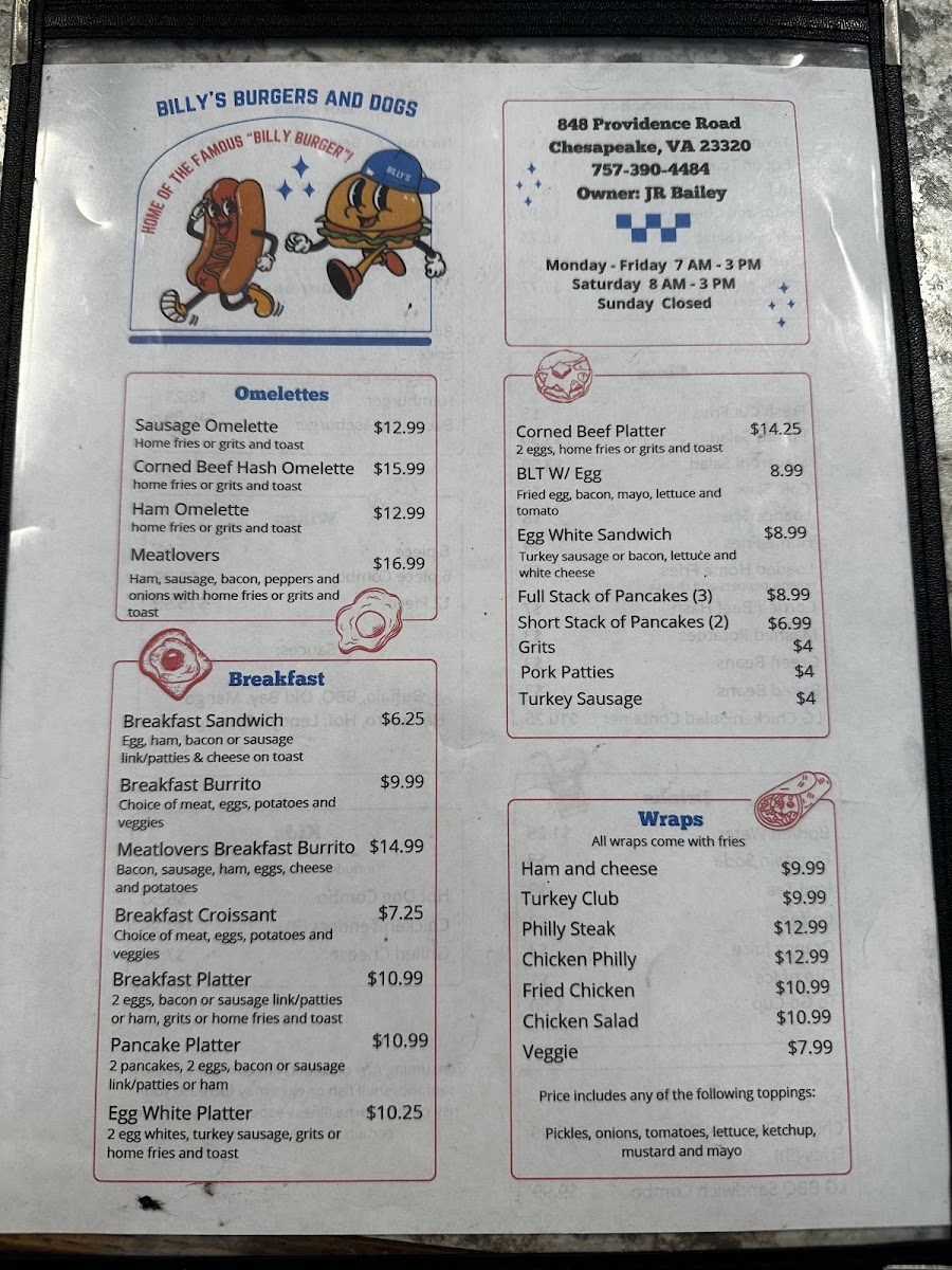Billys Burgers and Dogs menu board