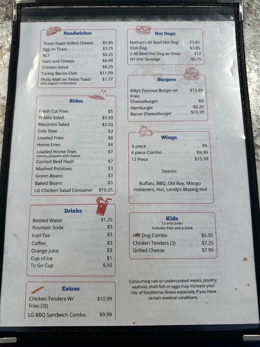 Billys Burgers and Dogs menu board