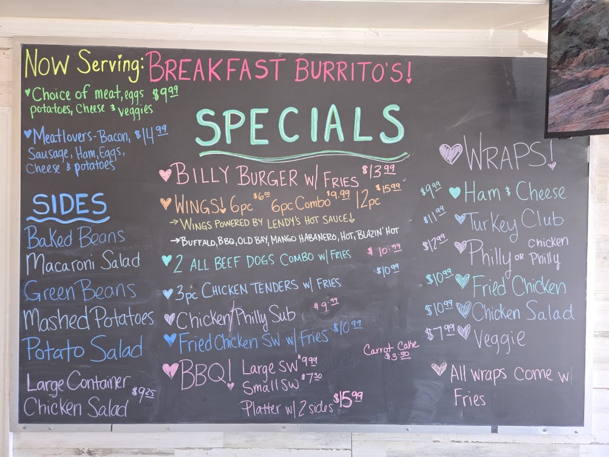 Billys Burgers and Dogs menu board