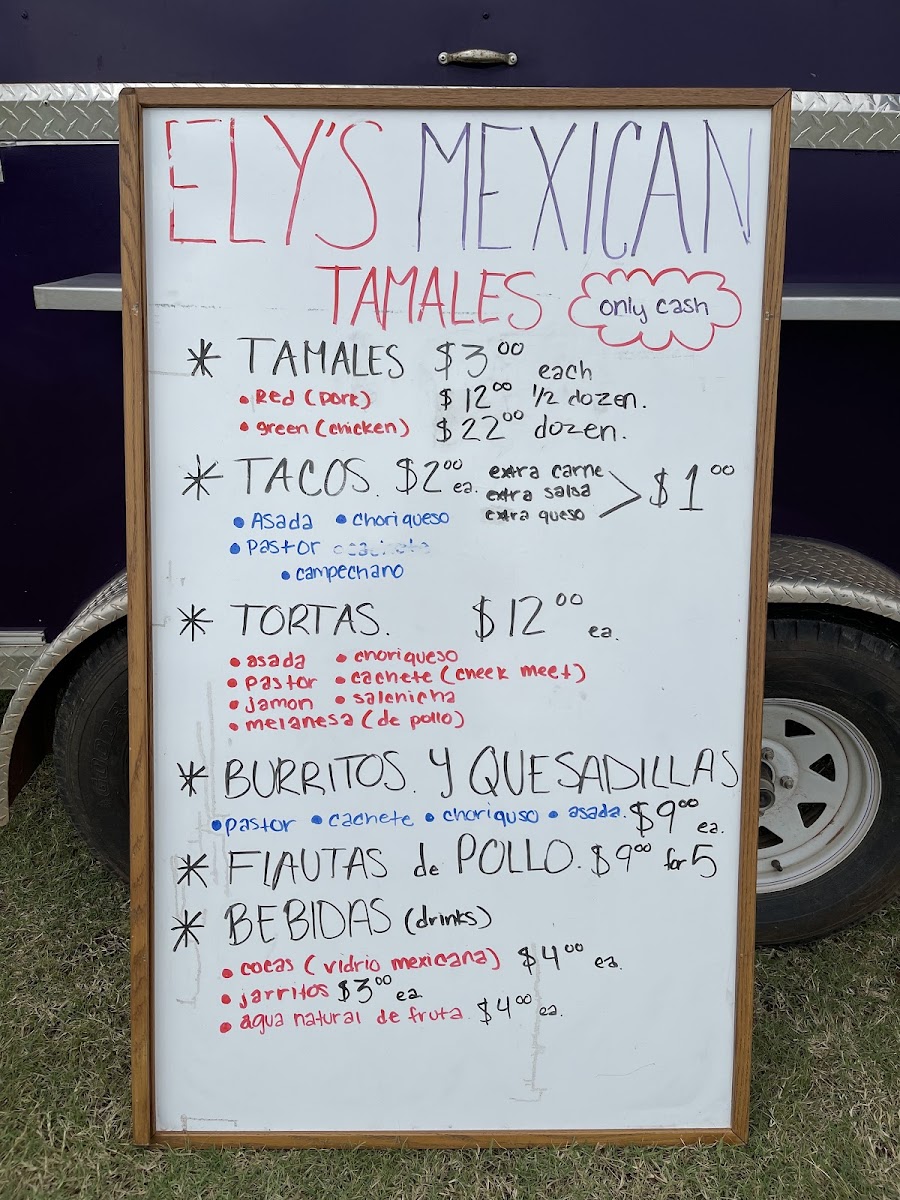 Elys Mexican Tamales menu board