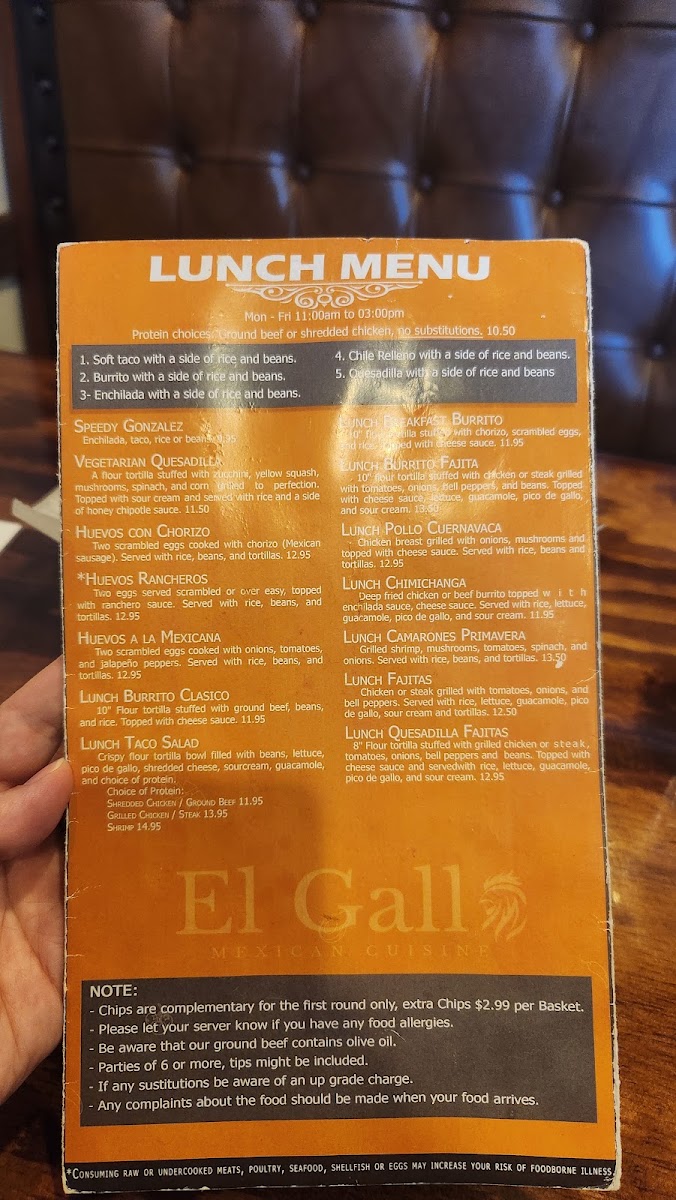 El Gallo Mexican Cuisine menu board