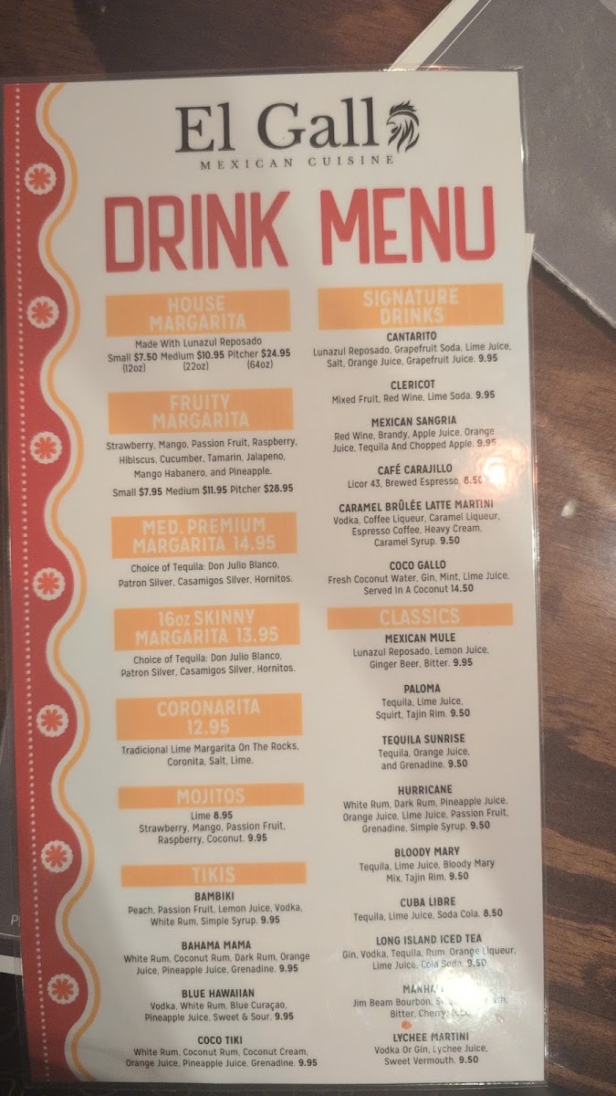El Gallo Mexican Cuisine menu board