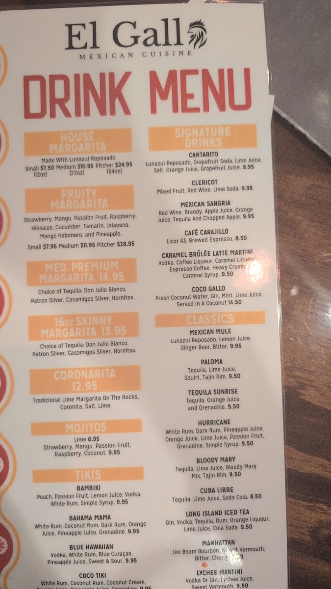 El Gallo Mexican Cuisine menu board