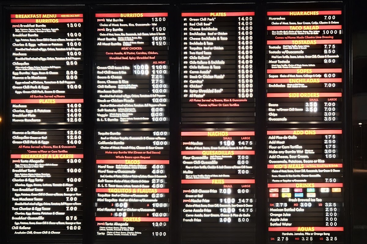 Pepe’s Finest Mexican Food menu board