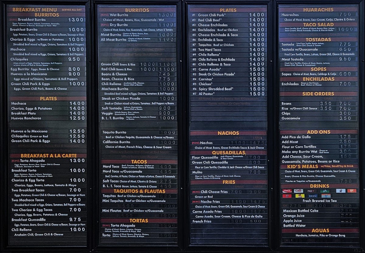 Pepe’s Finest Mexican Food menu board