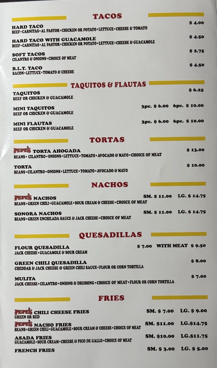 Pepe’s Finest Mexican Food menu board
