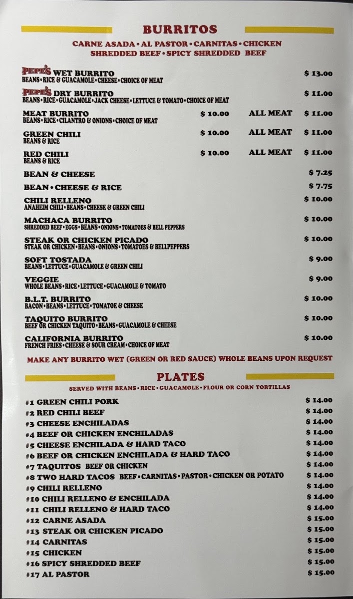 Pepe’s Finest Mexican Food menu board
