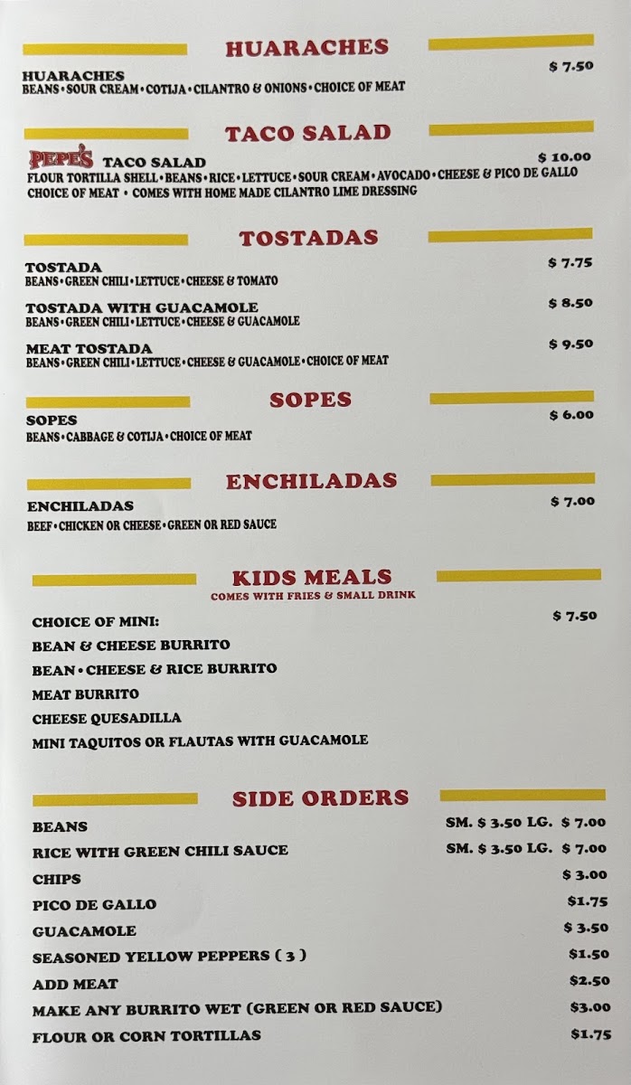 Pepe’s Finest Mexican Food menu board