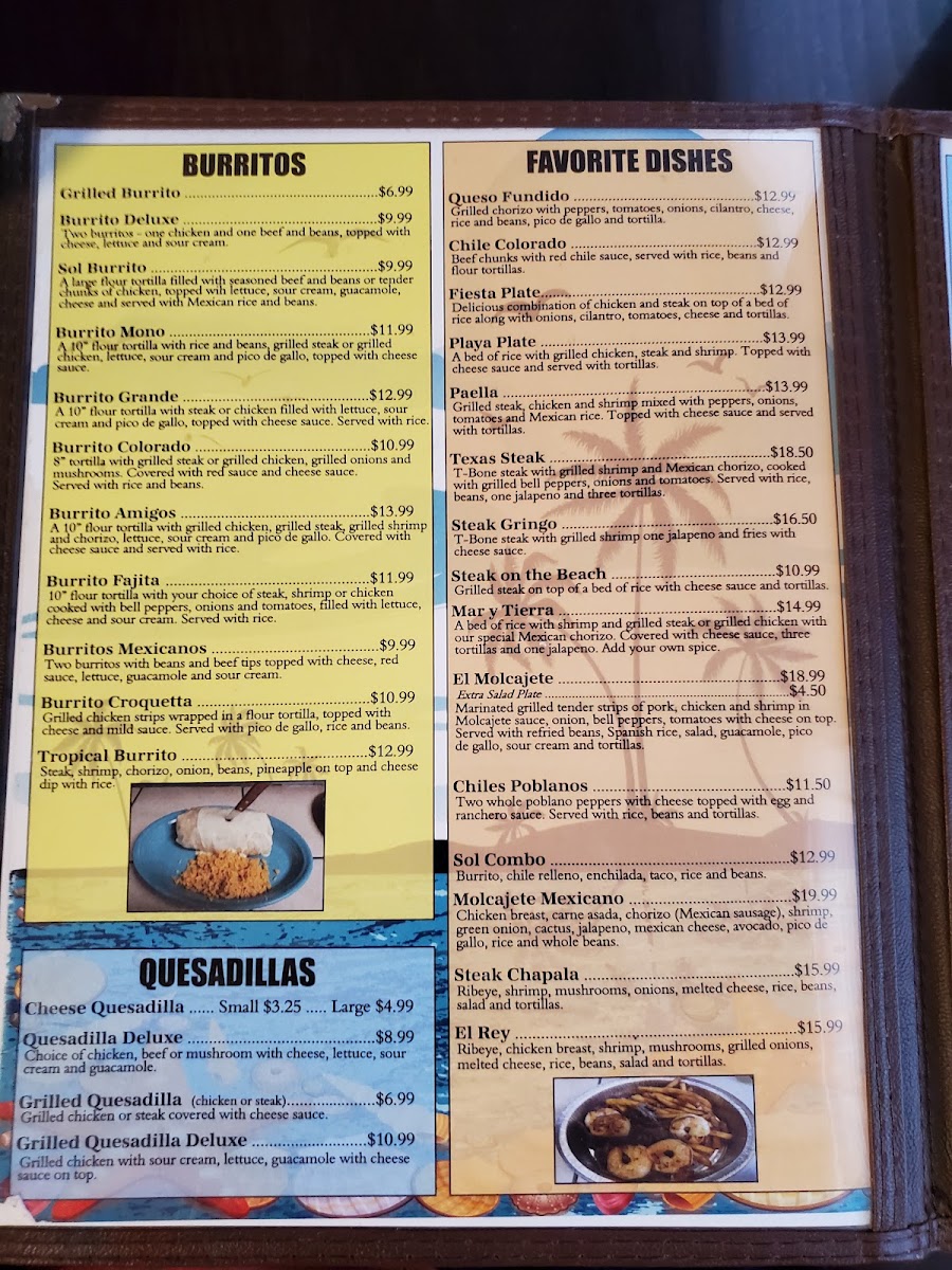 Sol Del Mar | Mexican Bar & Grill menu board