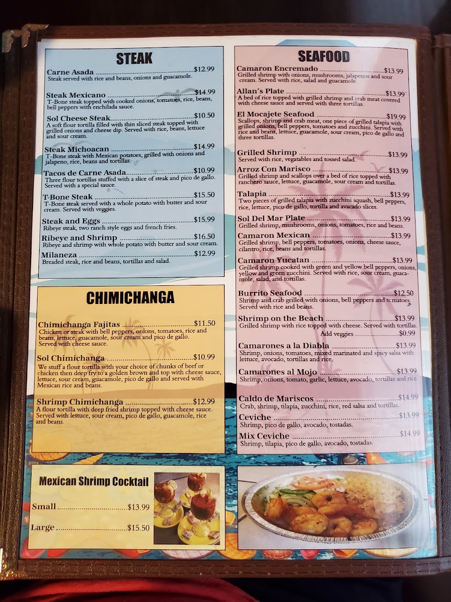 Sol Del Mar | Mexican Bar & Grill menu board