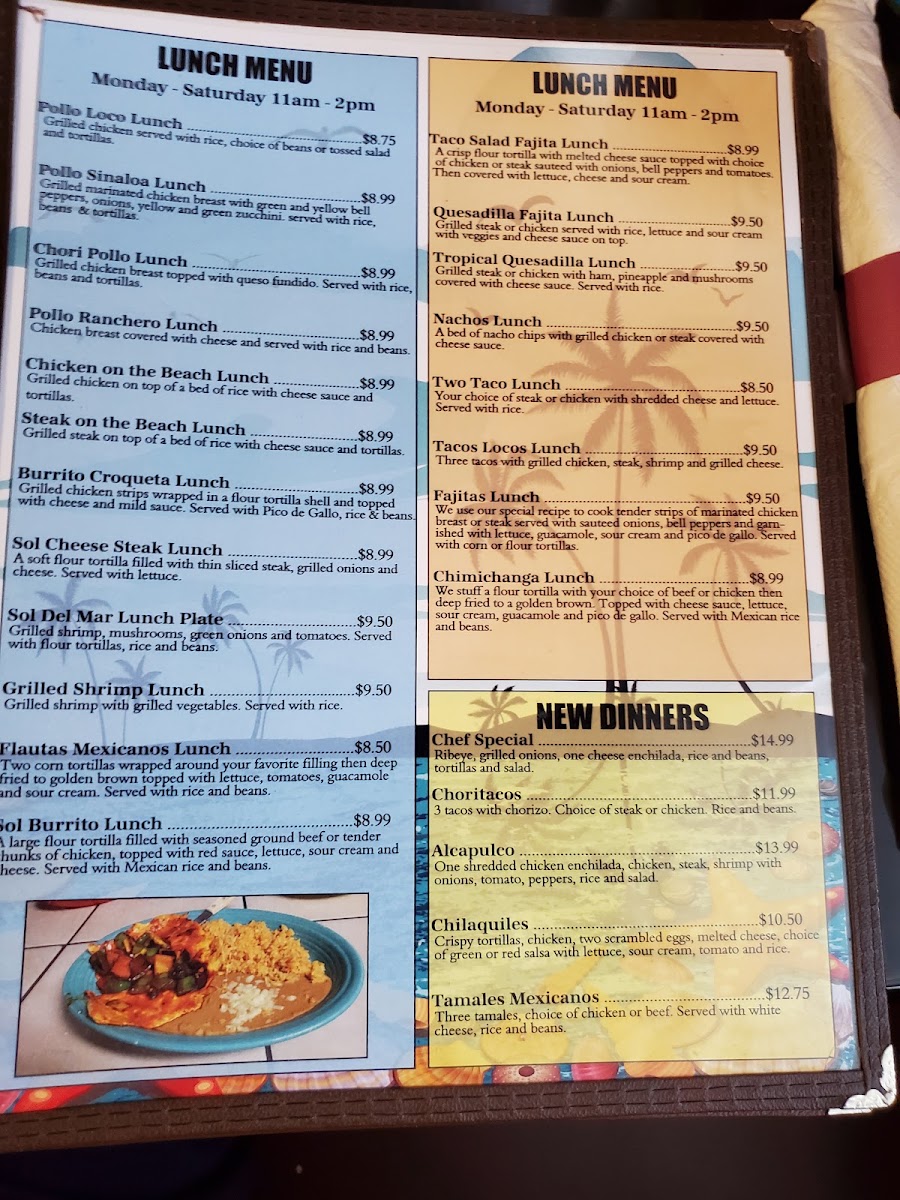 Sol Del Mar | Mexican Bar & Grill menu board