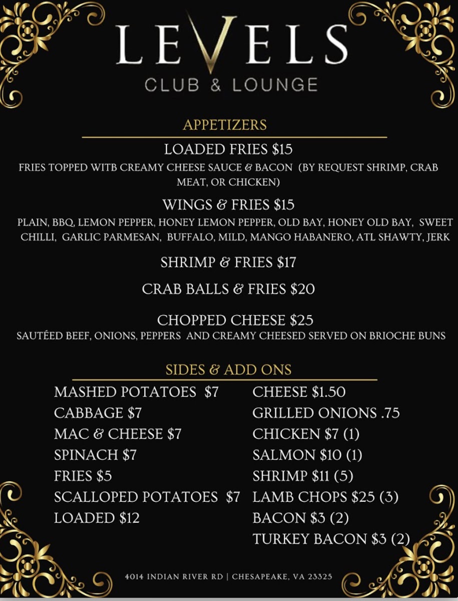Levels Lounge menu board