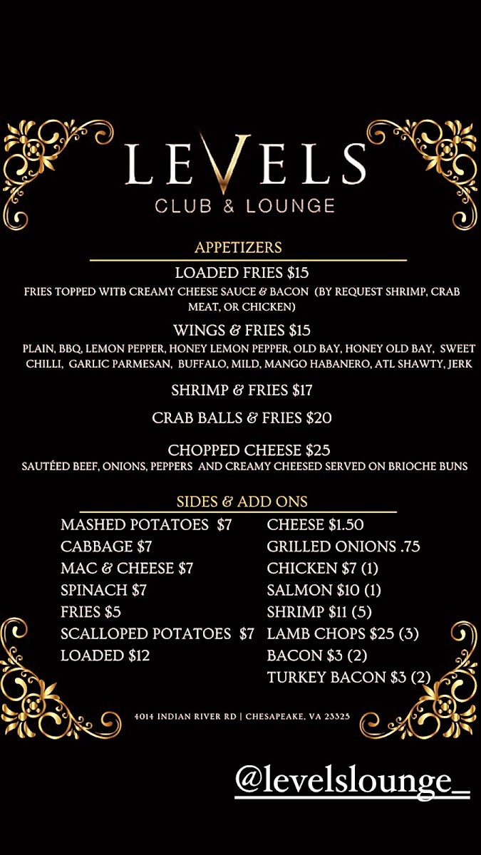 Levels Lounge menu board