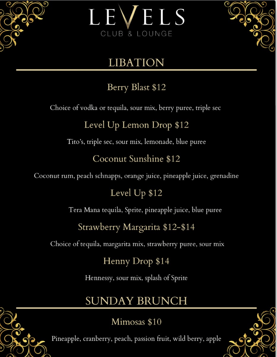 Levels Lounge menu board