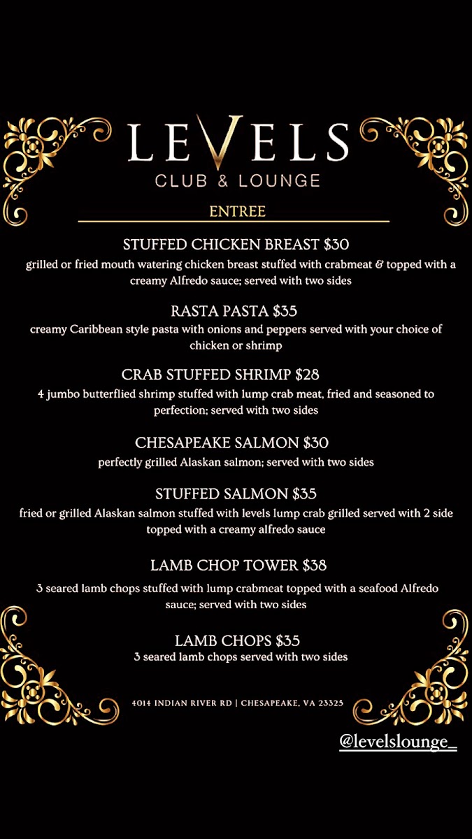 Levels Lounge menu board