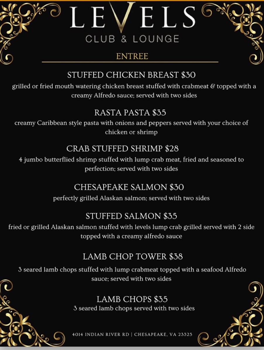 Levels Lounge menu board