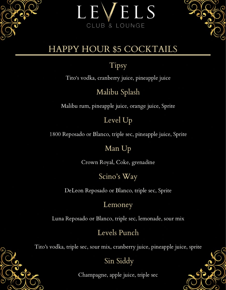 Levels Lounge menu board