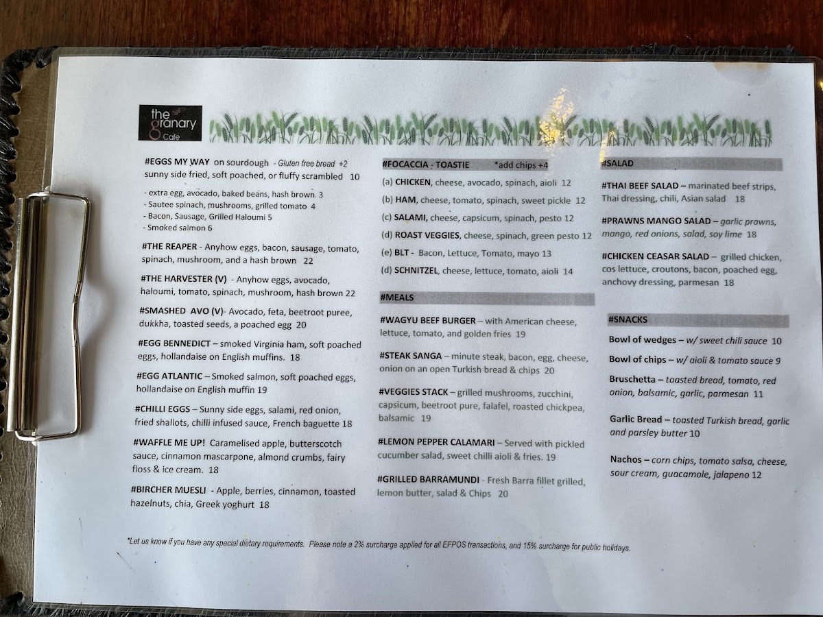 The Granary Cafe & Catering menu board