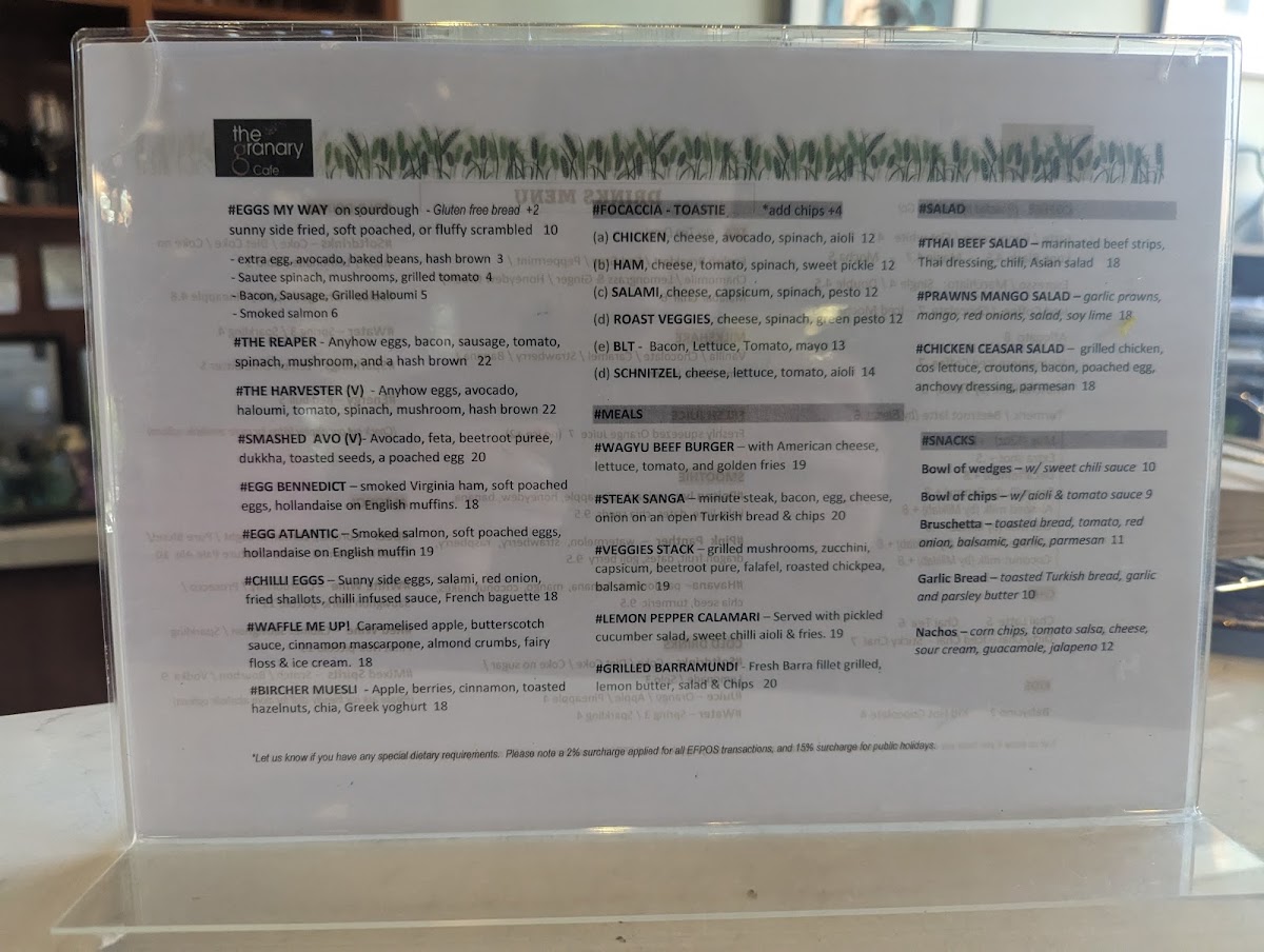 The Granary Cafe & Catering menu board