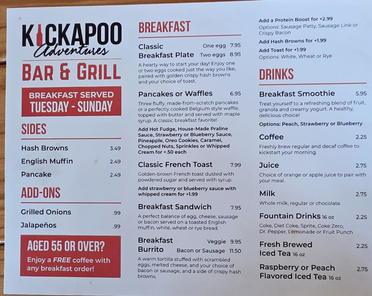 Park Bistro | Kickapoo State Park menu board