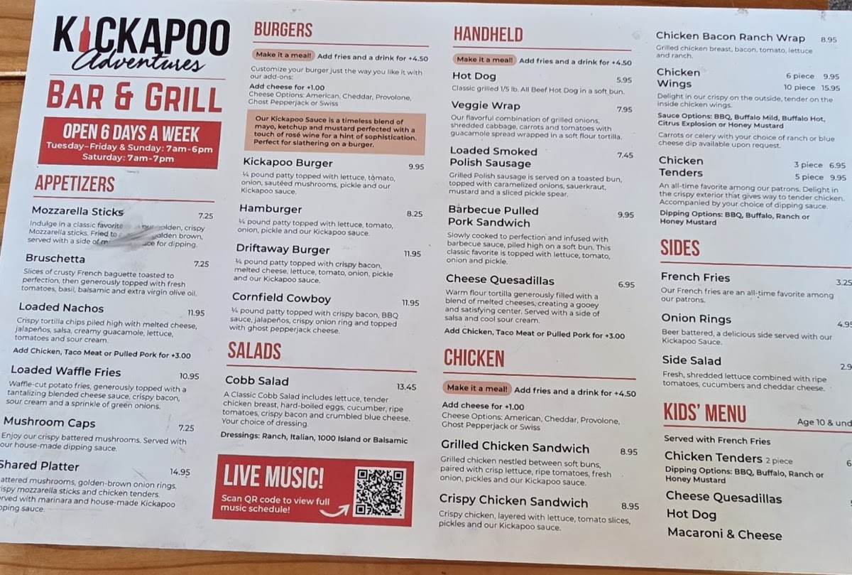 Park Bistro | Kickapoo State Park menu board